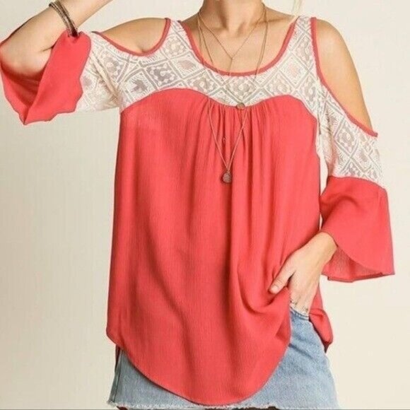 UMGEE COLD SHOULDER TOP WITH LACE Coral Size Medium - Picture 1 of 8